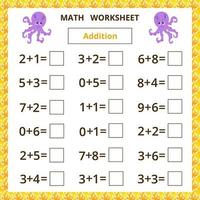 foglio di lavoro di matematica con polpo simpatico cartone animato. aggiunta. vettore