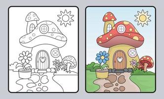 libro da colorare o pagina della casa dei funghi, educativo per i bambini vettore