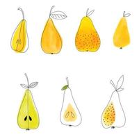 set di pere ad acquerello isolate su sfondo bianco. illustrazione di contorno di doodle di vettore di frutta fresca estiva.