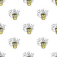 motivo senza cuciture con illustrazione tazza di caffè in stile doodle colore giallo su sfondo bianco. vettore