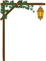 struttura ad arco di ramo di legno verticale con viti di edera d'uva e illustrazione vettoriale di lanterna