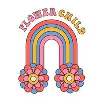 figlio dei fiori - stampa arcobaleno groovy retrò con slogan ispiratore e fiori per t-shirt grafica o poster. illustrazione vettoriale isolato.