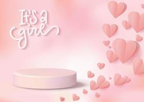 Sfondo del prodotto del podio 3d per baby shower con testo lettering - è una ragazza. design realistico di cuori rosa. banner di decorazione di illustrazione vettoriale