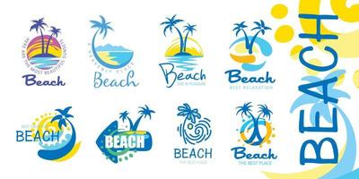 un set di icone vettoriali per la spiaggia con l'immagine di una palma e del mare