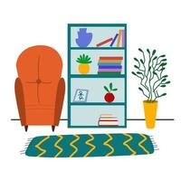 l'interno di un accogliente soggiorno. una comoda poltrona, una libreria, un tappeto e una pianta d'appartamento. vettore