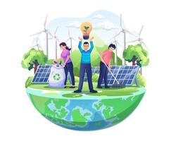 Giornata mondiale dell'ambiente con le persone che si prendono cura della terra facendo giardinaggio e pulendo. salva il pianeta risparmia energia illustrazione vettoriale piatta