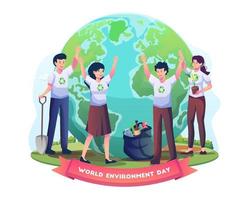gli eco-volontari puliscono l'ambiente inquinato intorno al globo terrestre. i giovani puliscono i rifiuti e piantano alberi nella giornata mondiale dell'ambiente. illustrazione vettoriale in stile piatto