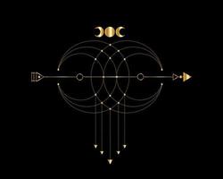 geometria sacra, freccia mistica e falce di luna, linee punteggiate d'oro in stile boho, icona wiccan, alchimia esoterica mistica magia celeste talismano. vettore di occultismo spirituale isolato su nero