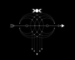 geometria sacra, freccia mistica e falce di luna, linee tratteggiate in stile boho, icona wiccan, alchimia esoterica mistica magia celeste talismano. vettore di occultismo spirituale isolato su sfondo nero