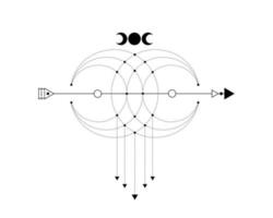 geometria sacra, freccia mistica e falce di luna, linee tratteggiate in stile boho, icona wiccan, alchimia esoterica mistica magia celeste talismano. vettore di occultismo spirituale isolato su sfondo bianco