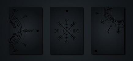 set di carte nere collezione di magia antica vichinga art deco, bussola di navigazione vegvisir scura antica. simboli vichinghi, mitologia norrena, icona del modello logo total black segno esoterico wiccan vettore