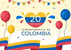 20 luglio indipendenza della colombia fumetto illustrazione con bandiere e palloncini per il design in stile poster vettore