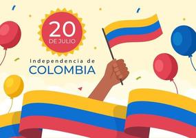 20 luglio indipendenza della colombia fumetto illustrazione con bandiere e palloncini per il design in stile poster vettore
