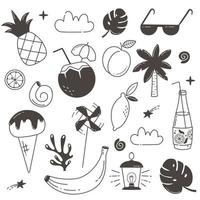 set di raccolta di frutti tropicali disegnati a mano e articoli per le vacanze estive. scarabocchio, occhiali da sole, cocco, ananas, limone, conchiglie, foglie tropicali, palma, coralli, nuvole, brezza, acqua frizzante, pesca vettore