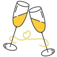 due bicchieri di champagne su sfondo bianco. spumante in bicchieri di vetro. san valentino 14 febbraio. amanti. grafica a linee vettoriali. icona, adesivo. vettore