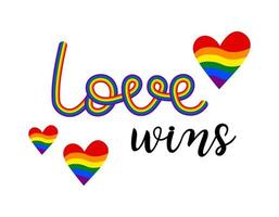 l'amore vince la frase arcobaleno. citazione lgbt disegnata a mano colorata e cuori isolati. illustrazione del testo vettoriale