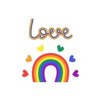 arcobaleno lgbt isolato. lettere d'amore. carino colorato arcobaleno disegnato a mano e cuori. simbolo del mese dell'orgoglio. illustrazione vettoriale