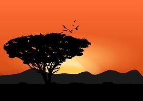 immagine grafica vista paesaggio natura tramonto e silhouette arancione chiaro con illustrazione vettoriale di montagna e albero