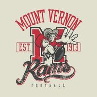 Mount vernon rams t shirt.può essere utilizzato per la stampa di t-shirt, stampa di tazze, cuscini, design di stampa di moda, abbigliamento per bambini, baby shower, auguri e cartoline. disegno della maglietta vettore