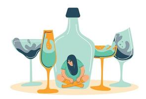 problema di abuso di alcol e depressione femminile. problema sociale dell'alcolismo femminile. vettore