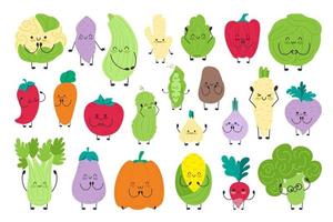 set di simpatici personaggi divertenti verdure fresche sane isolate. verdure biologiche vegane da fattoria. uno stile di vita sano. vettore