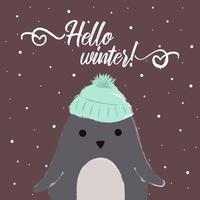 pinguino inverno carino con cappello ciao inverno vettore