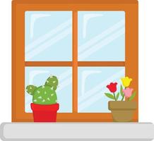 finestra con fiori e vaso di cactus vettore