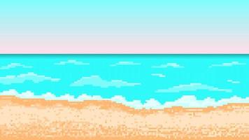 spiaggia tropicale di pixel con surf. paesaggio marino con cielo blu e bagliore del sole al tramonto. rotoli di schiuma bianca su sabbia gialla calda. onde dell'oceano colorate che creano l'atmosfera del vettore di vacanza