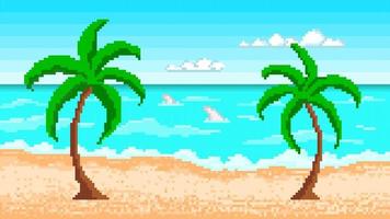 spiaggia tropicale di pixel con palme. paesaggio marino con cielo blu e nuvole. il surf bianco rotola sulla sabbia calda gialla e i delfini nuotano in acque poco profonde. costa colorata dell'oceano per le vacanze di vettore
