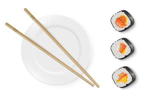 immagine realistica di vettore di sushi con piatto bianco e bastoncini di bambù. decorare un ristorante di sushi. pubblicità di sushi