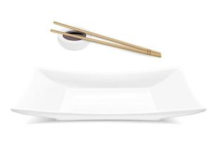 elementi di sushi realistici vettoriali. piatto quadrato in porcellana con salsa e due bastoncini di legno vettore