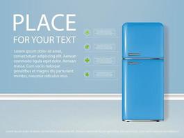 banner frigorifero blu vintage 3d dettagliato realistico. poster pubblicitario con testo. illustrazione vettoriale di un frigorifero