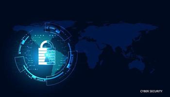 astratto tecnologia cyber sicurezza privacy informazioni rete concetto lucchetto mappa del mondo protezione rete digitale collegamento internet su hi tech blu futuro sfondo vettore