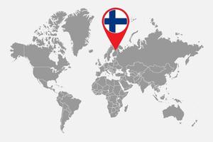 mappa pin con bandiera finlandia sulla mappa del mondo.illustrazione vettoriale. vettore