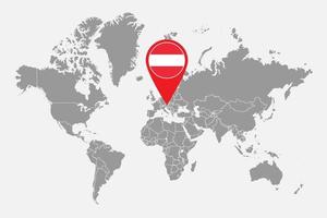 mappa pin con bandiera austriaca sulla mappa del mondo.illustrazione vettoriale. vettore