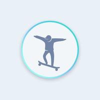 icona dello skateboard, segno rotondo del vettore del ragazzo sullo skateboard, elemento del logo, illustrazione vettoriale