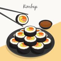 rotolo di riso alle alghe kimbap su piastra nera con salsa di soia illustrazione ricetta vettore. vettore