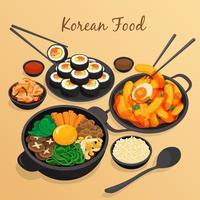 menu fisso di cibo coreano su sfondo di legno illustrazione vettoriale. kimbap, tteokbokki, bibimbap, kimchi, salsa e riso vettore