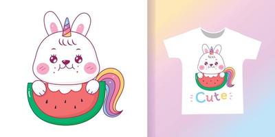 simpatico coniglio unicorno che mangia anguria cartone animato colore pastello per t-shirt. vettore