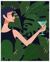 illustrazione, bella donna con un bicchiere di martini su uno sfondo di foglie tropicali. poster, stampa, illustrazione piatta
