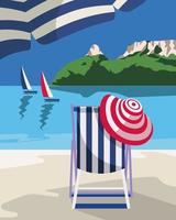 vista sul mare, spiaggia, sedia a sdraio e cappello sotto un ombrellone sullo sfondo del mare con yacht. poster, stampa, illustrazione marina estiva colorata vettore