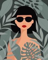 giovane donna in occhiali da sole e foglie tropicali su uno sfondo scuro. illustrazione estiva, poster, clip art vettore