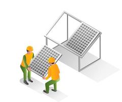 illustrazione del concetto di design isometrico. due uomini che installano pannelli solari vettore