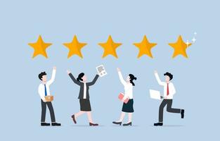 feedback dei clienti con la maggior parte del punteggio di soddisfazione dovuto alla ricezione di prodotti di alta qualità o al miglior servizio, concetto di team di marketing di successo. colleghi che festeggiano con 5 stelle. vettore