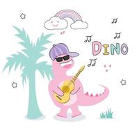 dinosauro rosa rock con illustrazione vettoriale chitarra su sfondo bianco decorare arcobaleno, stelle e note musicali.