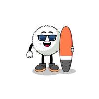 cartone animato mascotte di palla di riso come surfista vettore