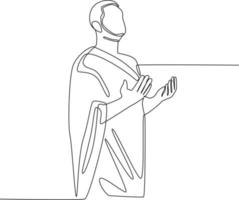 una linea continua disegna un musulmano in ihram che prega Dio con le mani alzate. concetto di hajj e umrah. illustrazione grafica vettoriale di disegno a linea singola.