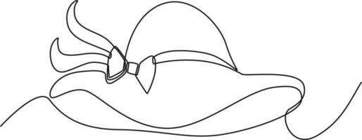 un disegno a linea continua di cappello da spiaggia femminile con nastro. festa estiva. illustrazione grafica di disegno a linea singola. vettore