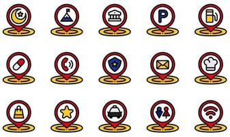 set di icone vettoriali relative al segnaposto. contiene icone come museo, parcheggio, farmacia, telefono, stazione di polizia, ristorante e altro ancora.