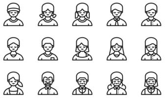 set di icone vettoriali relative agli avatar. contiene icone come ragazzo, ragazza, uomo, donna, vecchio, vecchia e altro ancora.